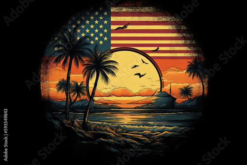 sunset american flag with ocean and palm trees