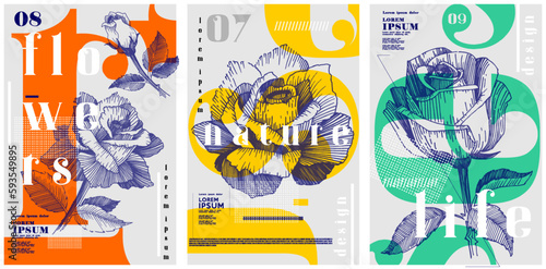 Flowers background. Inscription in flowers. Typography posters design. Set of flat vector illustrations. Print, label, cover or t-shirt print design.