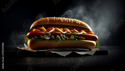 Hot and Fresh tasty delicious hotdog. Ai generated. photo