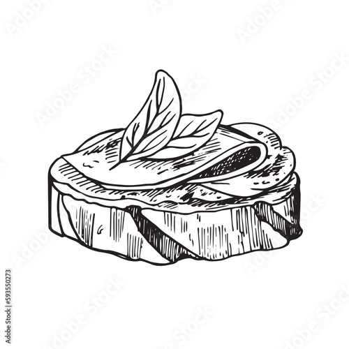 Slice of bread with cream cheese, ham, meat, sausage, toast with melted cheese. Hand drawn illustration sketch. For design, packaging