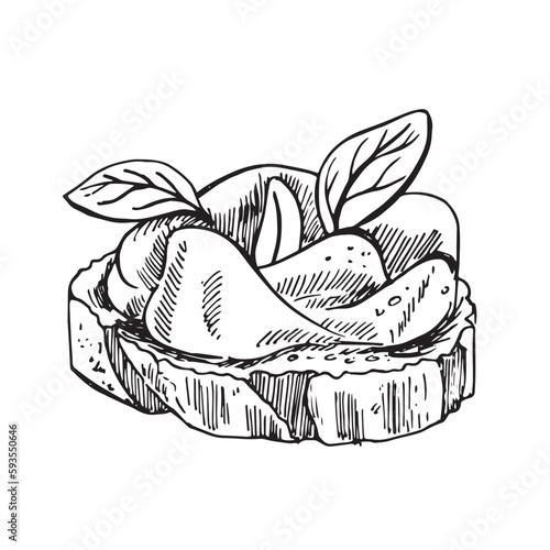 Slice of bread with cream cheese, toast with melted cheese. Hand drawn illustration sketch. For design, packaging.