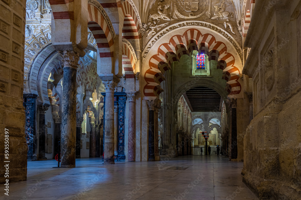 Interior of Mosque–Cathedral of Cordoba (Mezquita). Cathedral of Our Lady of the Assumption. Great Mosque of Cordoba, Spain