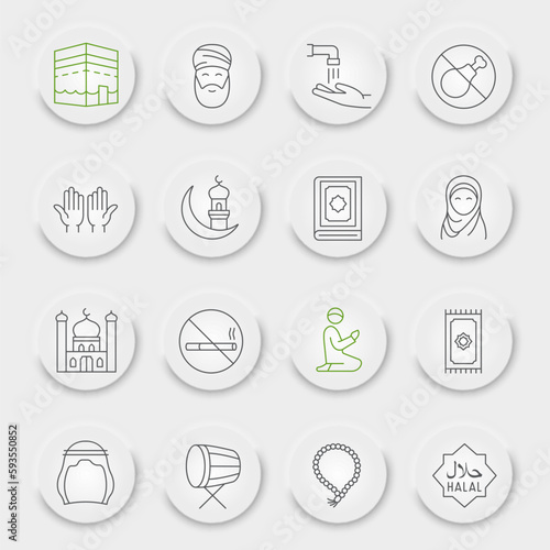 Ramadan line icon set, islamic holiday symbols collection, vector sketches, neumorphic UI UX buttons, islam icons, muslim day signs linear pictograms