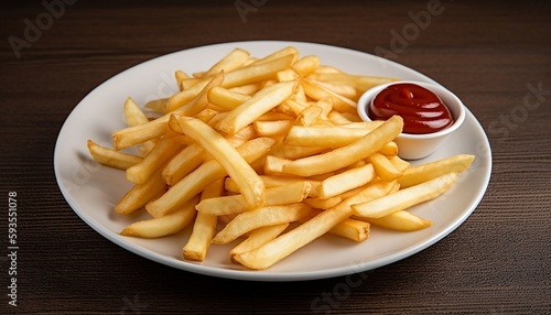 French Fries With Ketchup On Wooden Table, Generative AI 