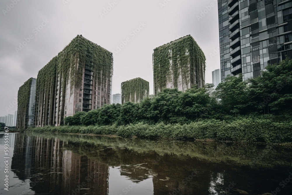 a group of tall buildings with green plants growing on the sides of them and a river running between them in front of a cloudy sky.  generative ai