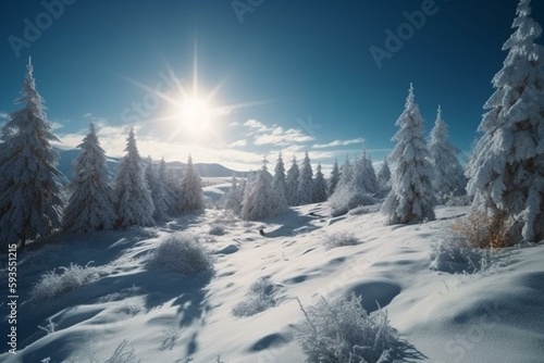 Winter mountain snow covered landscape, blue sky, sunny day. AI generative. Generative AI