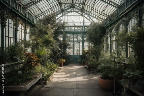 Nantes in France, greenhouse in the Jardin des Plantes, a garden in the city. Generative AI