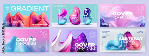 Abstract covers or horizontal posters  in modern minimal style for corporate identity, branding, social media advertising, promo. Modern layout design template with 3d dynamic liquid gradient shapes