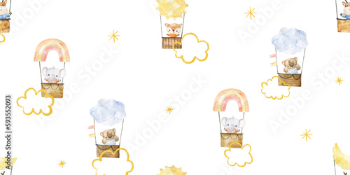 cute childish seamless pattern with animals on hot air balloon, transport background, nyrsery