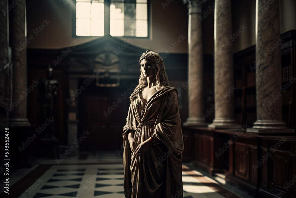 A statue of a woman stands in a dark room with columns and a window in the background.