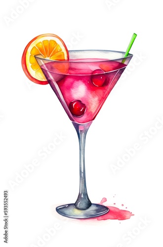 Watercolor illustration of a cosmopolitan cocktail isolated on white background. Generative AI.