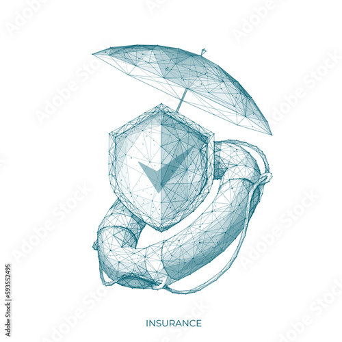 Abstract Insurance concept. Polygonal shield, Umbrella and Lifebuoy isolated on white background. Low poly wireframe vector illustration. 