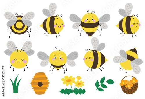 Cute cartoon bumble bee collection with flowers and honey, yellow insect with stripes. Funny bees, flower buds and foliage pack bundle for summer collections.