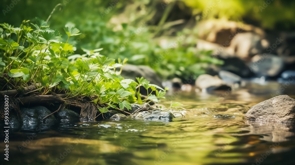Close-Up of a Stream with Greenery - Generative ai Close-Up of a Stream with Greenery - Generative ai