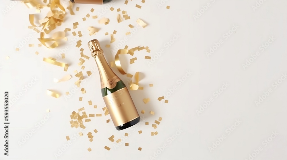 Golden Champagne Bottle and Confetti on White - Generative ai Golden Champagne Bottle and Confetti on White - Generative ai