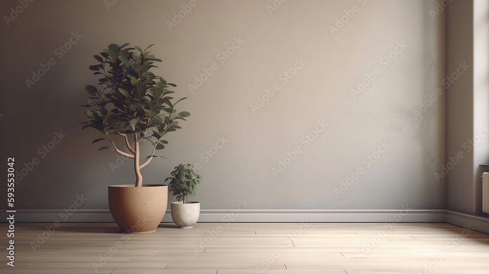 Beige Wall, Wooden Flooring, Adorned with Potted Greenery - Generative ai Beige Wall, Wooden Flooring, Adorned with Potted Greenery - Generative ai