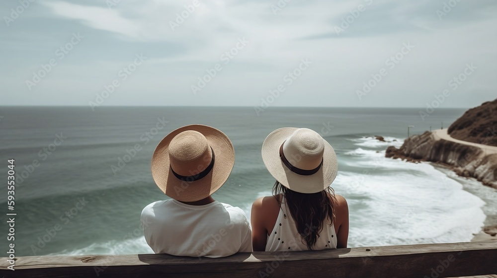 A couple in straw hats enjoying breathtaking ocean views from back - Generative ai