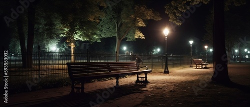 Quiet Empty Park with Lighted Bench at Night - Generative ai