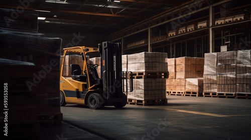 Forklift truck in warehouse - Generative ai © Nld