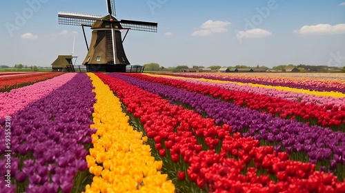 Windmill in a Field of Colorful Flowers - Generative ai