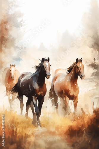 Grazing Horses on a Sepia-toned Meadow: An Aquarelle Painting