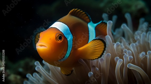  Close-up of Clownfish in Anemone - Generative ai