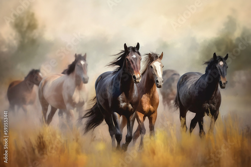 Grazing Horses on a Sepia-toned Meadow  An Aquarelle Painting