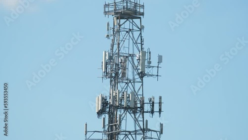 Telecommunications cell phone tower with wireless communication 5g antennas for network signal transmission