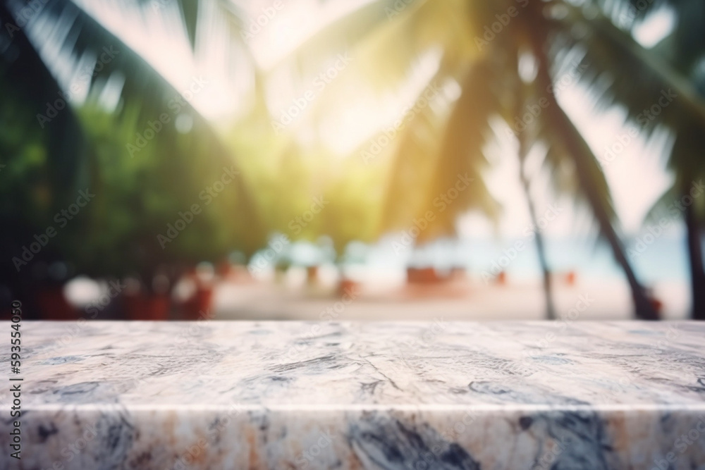 Summer Beach Table Counter Top, Podium Pedestal, Abstract Tropical Sunset or Sunrise Holiday Seaside Space Background. Product Mock up Display, Back Drop with Sea and Sky. Generative AI.