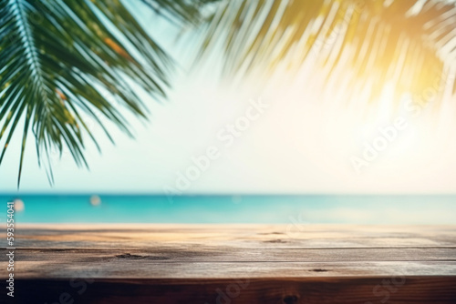 Summer Beach Table Counter Top  Podium Pedestal  Abstract Tropical Sunset or Sunrise Holiday Seaside Space Background. Product Mock up Display  Back Drop with Sea and Sky. Generative AI.