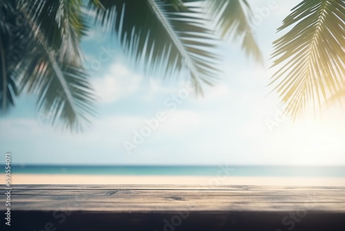 Summer Beach Table Counter Top  Podium Pedestal  Abstract Tropical Sunset or Sunrise Holiday Seaside Space Background. Product Mock up Display  Back Drop with Sea and Sky. Generative AI.