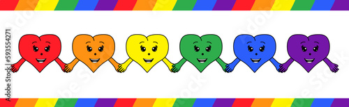 cute cartoon heart characters holding hands lgbt rainbow colors pride community vector illustration