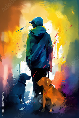 Colorful Watercolor Painting of People and Their Dog