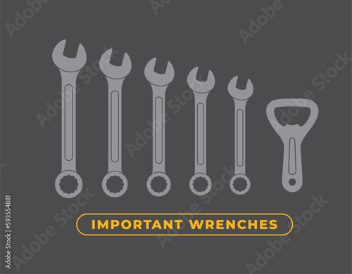 Vector service key symbols with beer opener. Text Important wrenches. Dark grey background.