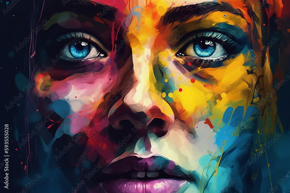 A Glance of Warmth: Abstract portrait of a woman with beautiful features in bold and vivid colors using palette knife technique