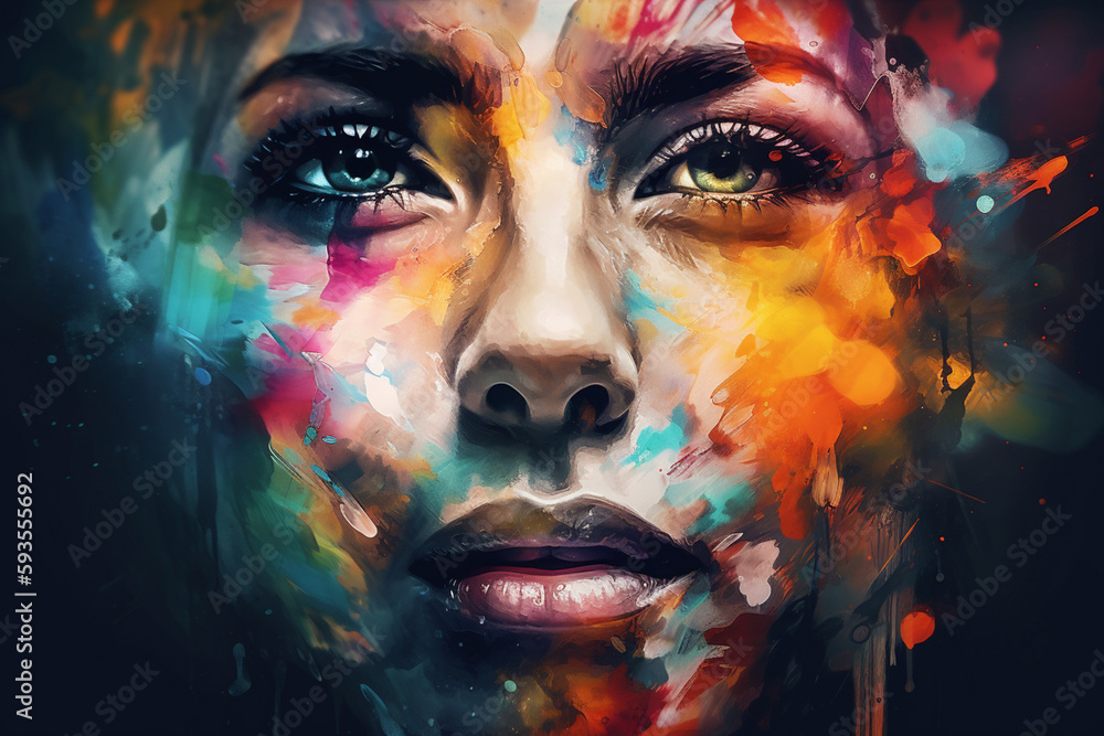 A Glance of Warmth: Abstract portrait of a woman with beautiful features in bold and vivid colors using palette knife technique