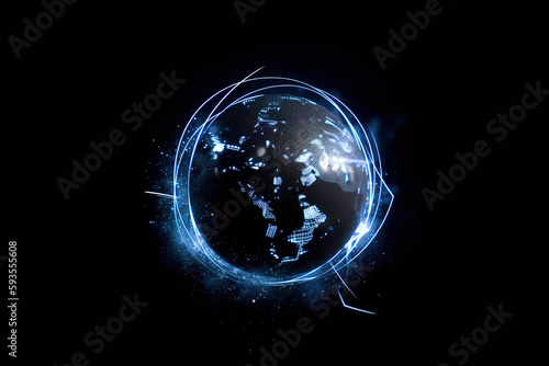Black blue glowing tech abstract planet Earth, futuristic background, geometric landscape Science and technology, generative ai. © Jim1786