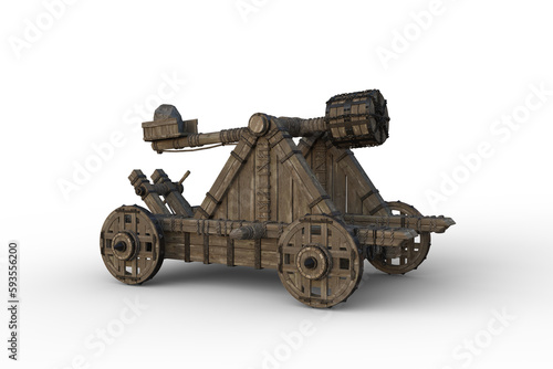 Fototapeta Medieval wooden catapult weapon on wheels. Isolated 3D rendering.