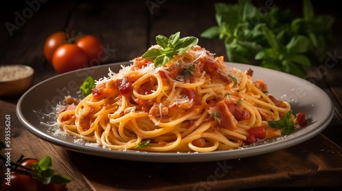 Spaghetti Alla Amatriciana With Pancetta Bacon, Tomatoes And Pecorino Cheese, Generative AI