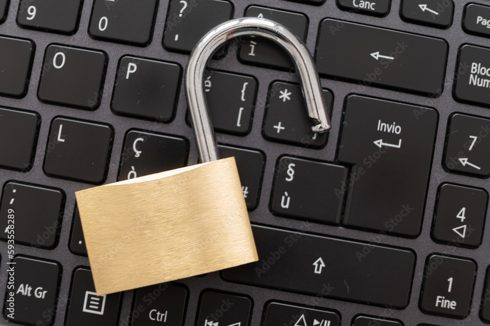 Open padlock, placed above a pc keyboard. Protection of personal and sensitive data, risk of intrusion. Privacy.
Open padlock, placed above a pc keyboard. Protection of personal and sensitive data, risk of intrusion. Privacy.