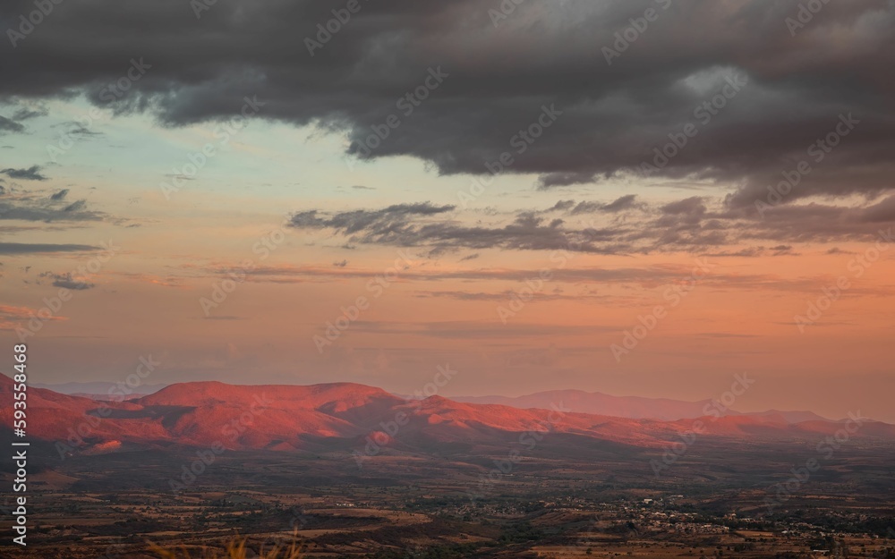 Landscape view of Tecolotlan valley from Sierra de Quila at sunset in Jalisco, Mexico