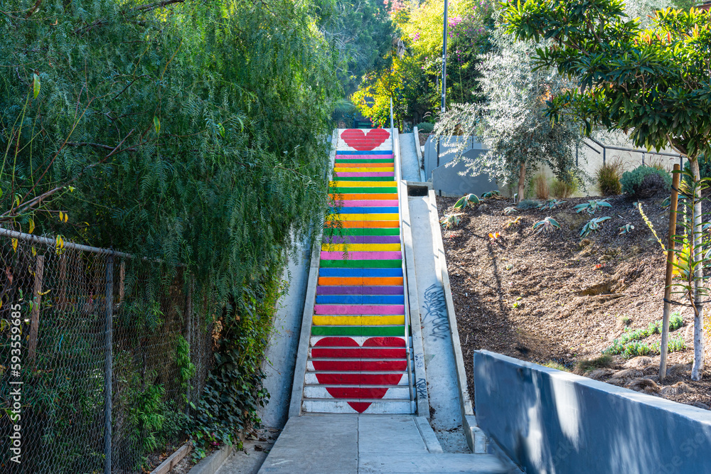 View of the Rainbow Staircase in Silver Lake, Los Angeles, California, USA
View of the Rainbow Staircase in Silver Lake, Los Angeles, California, USA