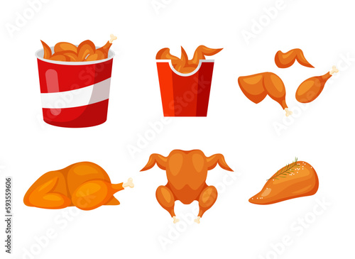Set of fried or roast turkey wings, drumsticks, legs, fillet. Crispy fried chicken pieces in a red bucket. Vector illustration in trendy flat style isolated on white background.