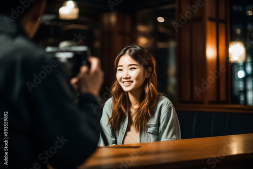 Asian girl is seen interviewing a subject for a news story, showcasing her communication skills and attention to detail. generative AI