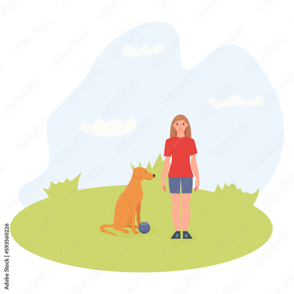a young woman walks with her dog in the park . Vector illustration. a young woman walks with her dog in the park . Vector illustration.