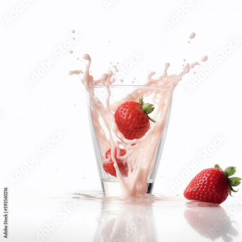 A strawberry falls into a glass with milk , Ai generated