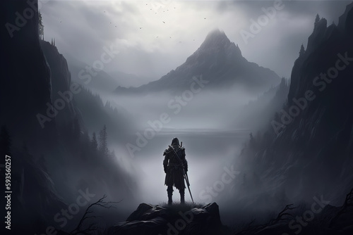 Rear view of a medieval warrior hero with a sword standing against the backdrop of a mountain on a foggy day. Mystical dark fantasy illustration. Generative AI