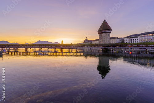 Sunrise view of the Chapel Bridge, Lucerne