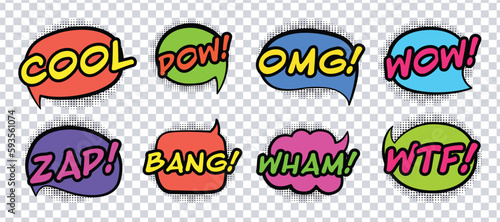 Comic speech bubbles set with different emotions and text Cool, Pow, Omg, Wow, Zap, Bang, Wham, Wtf on on transparent background. Vector.