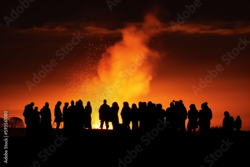 Silhouettes of people around a large bonfire, looking at the fire, Walpurgis night. Uprising, protesting. generative ai